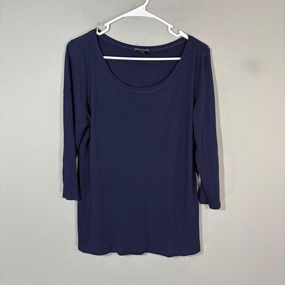 Eileen Fisher T-Shirt Womens Large Blue Solid Scoop Neck 3/4 Sleeve Silk Top